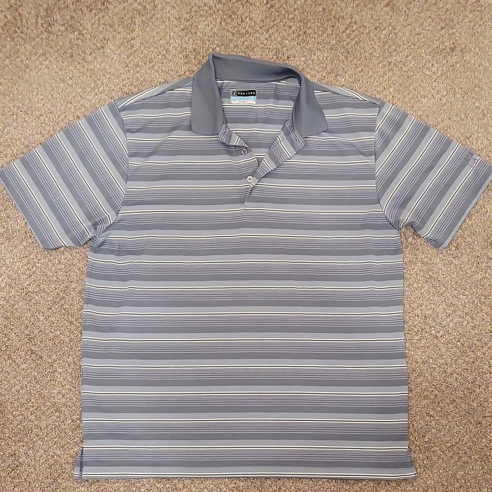 PGA TOUR Airflux Golf Polo Shirt XL Gray White Striped 100% Polyester Breathable